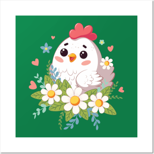 Happy kawaii chicken with flowers Posters and Art